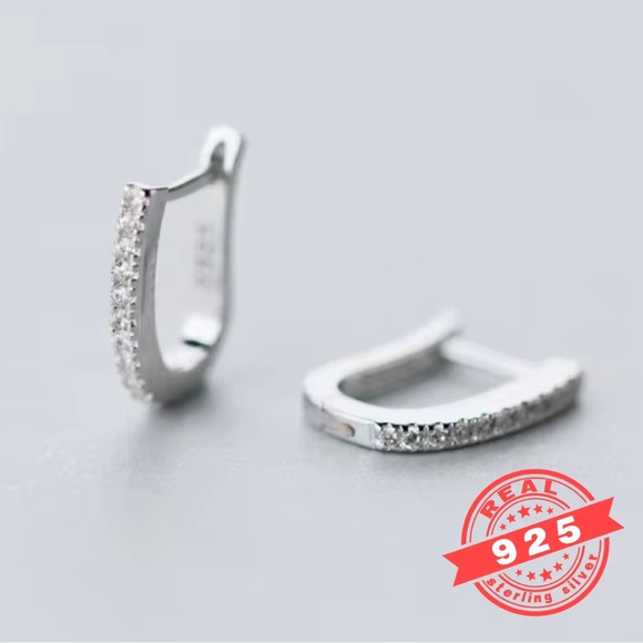 925 Sterling Silver Elongated Huggie Hoop Earrings with Zircon Diamonds! - Picture 2 of 6